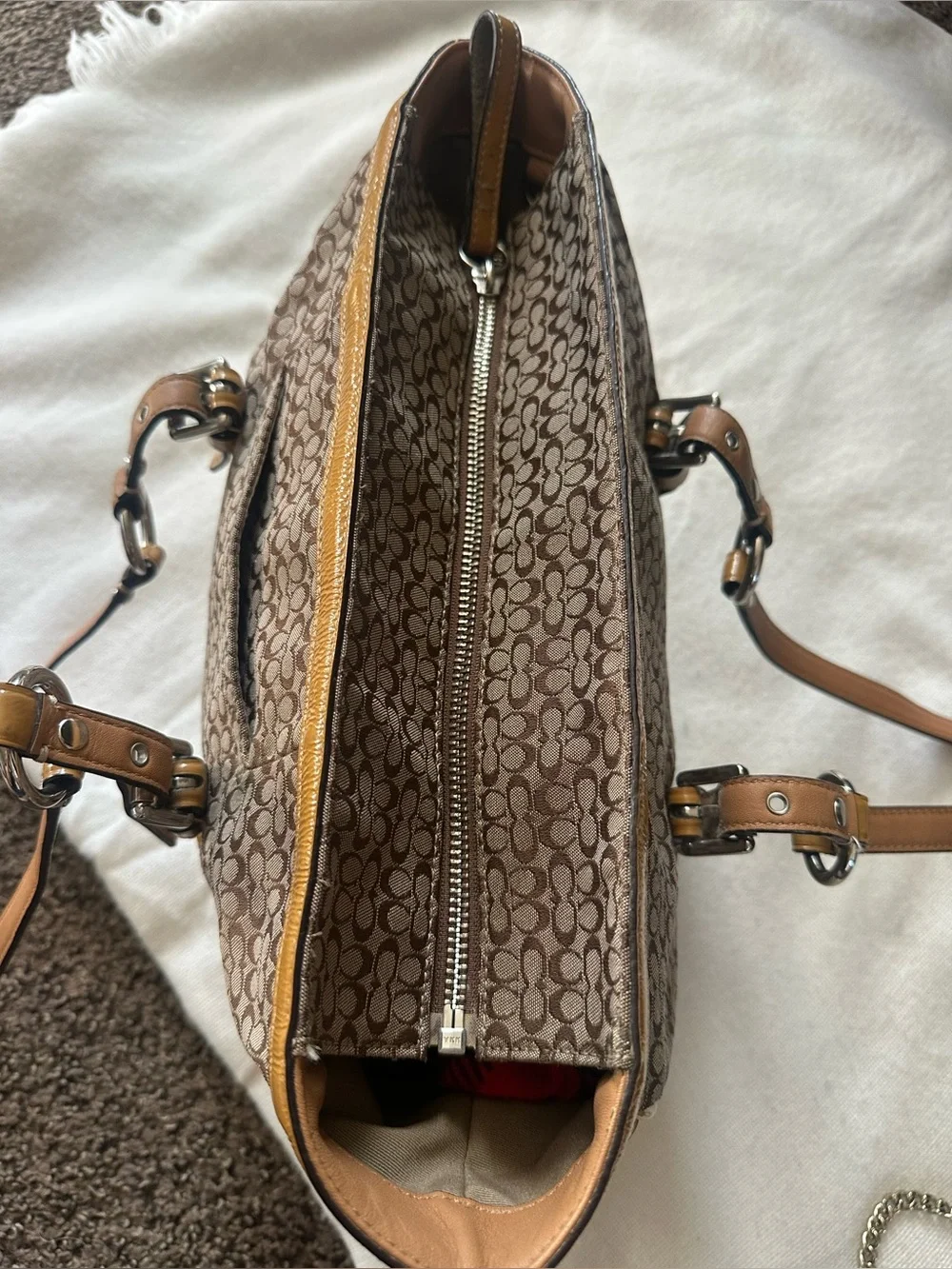 Coach Brown Signature Canvas Tote with Tan Leather Trim